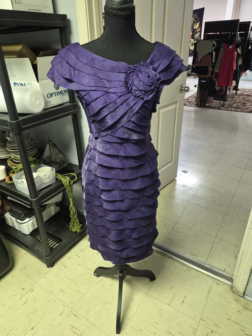 London Times Purple Tiered Ruffle Sheath Dress with Rosette